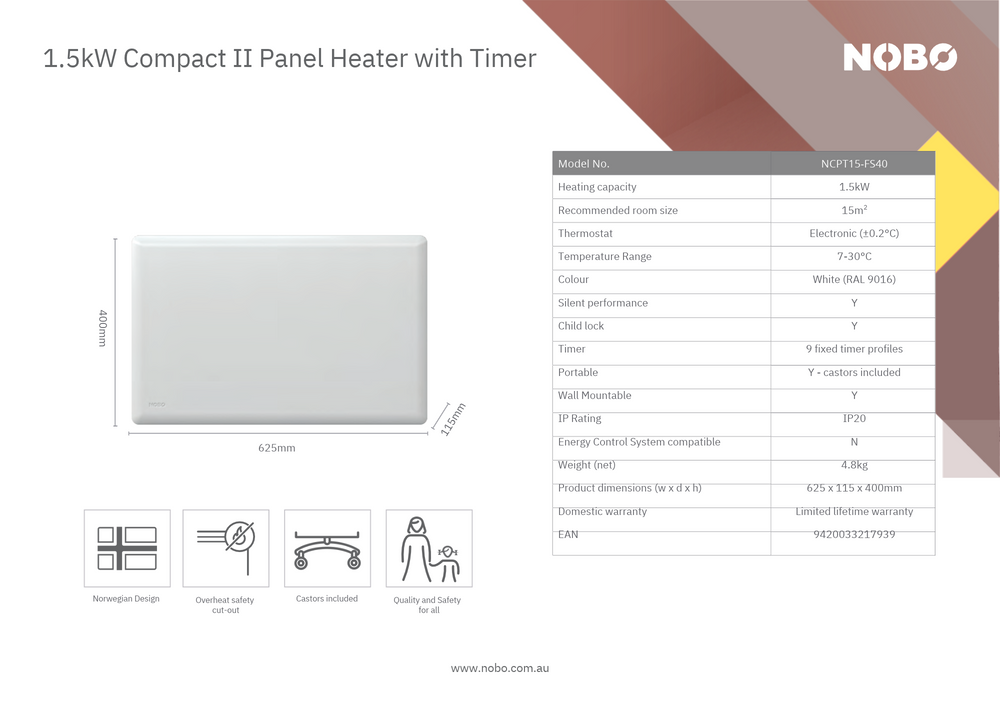 Nobo 1.5kW Compact Panel Heater (Thermostat with free Castors)